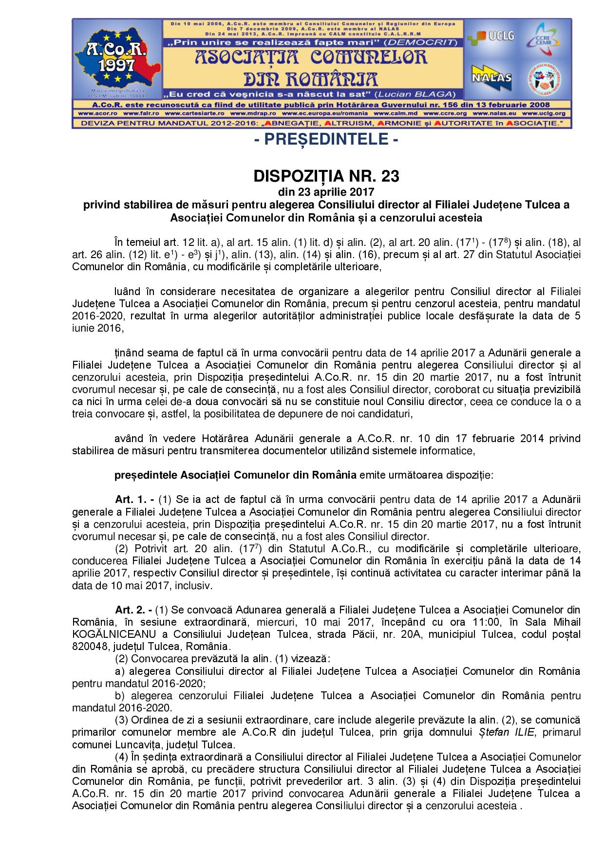 Stabilirea de măsuri pentru alegerea Consiliului director al Filialei Județene Tulcea a Asociației Comunelor din România și a cenzorului acesteia