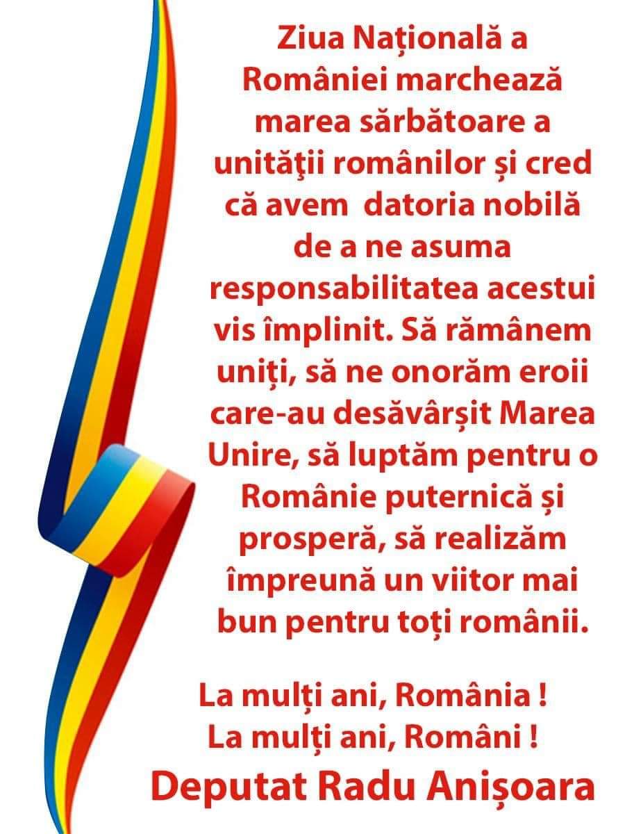 Mesajul doamnei deputat Anișoara Radu cu ocazia zilei naționale
