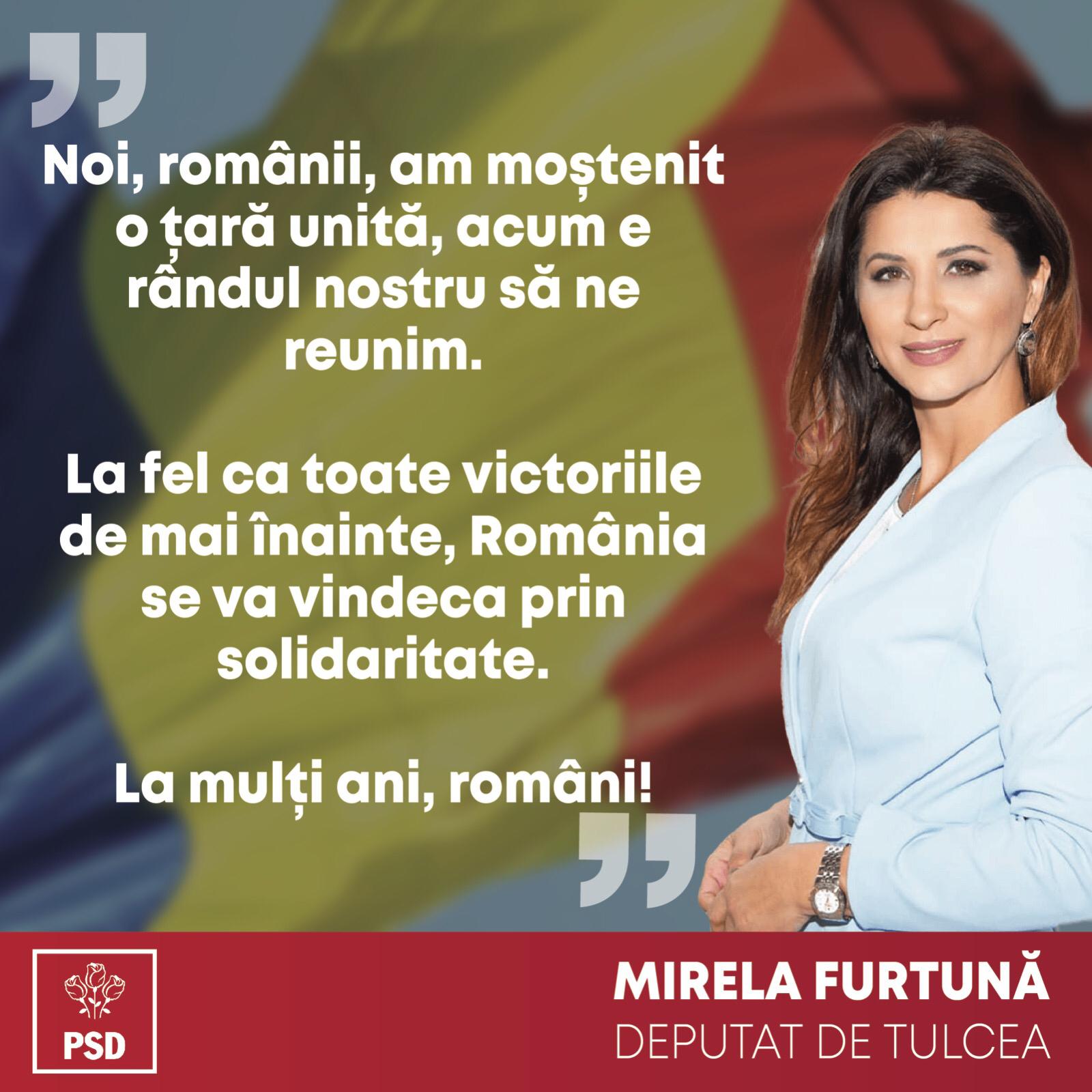 Mirela Furtună, mesaj de Ziua Națională: „Am moștenit o țară unită, acum este rândul nostru să ne reunim”