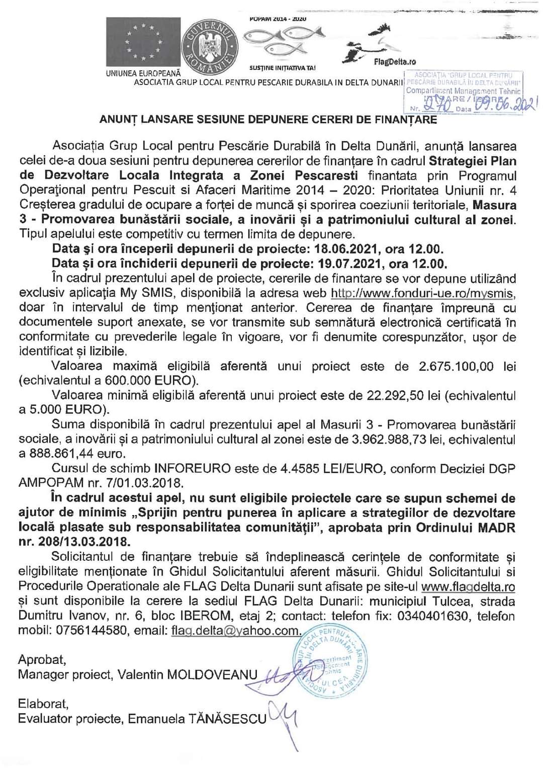 Asociația Grup Local pentru Pescărie Durabilă în Delta Dunării, anunță lansarea celei de-a doua sesiuni pentru depunerea cererilor de finanțare
