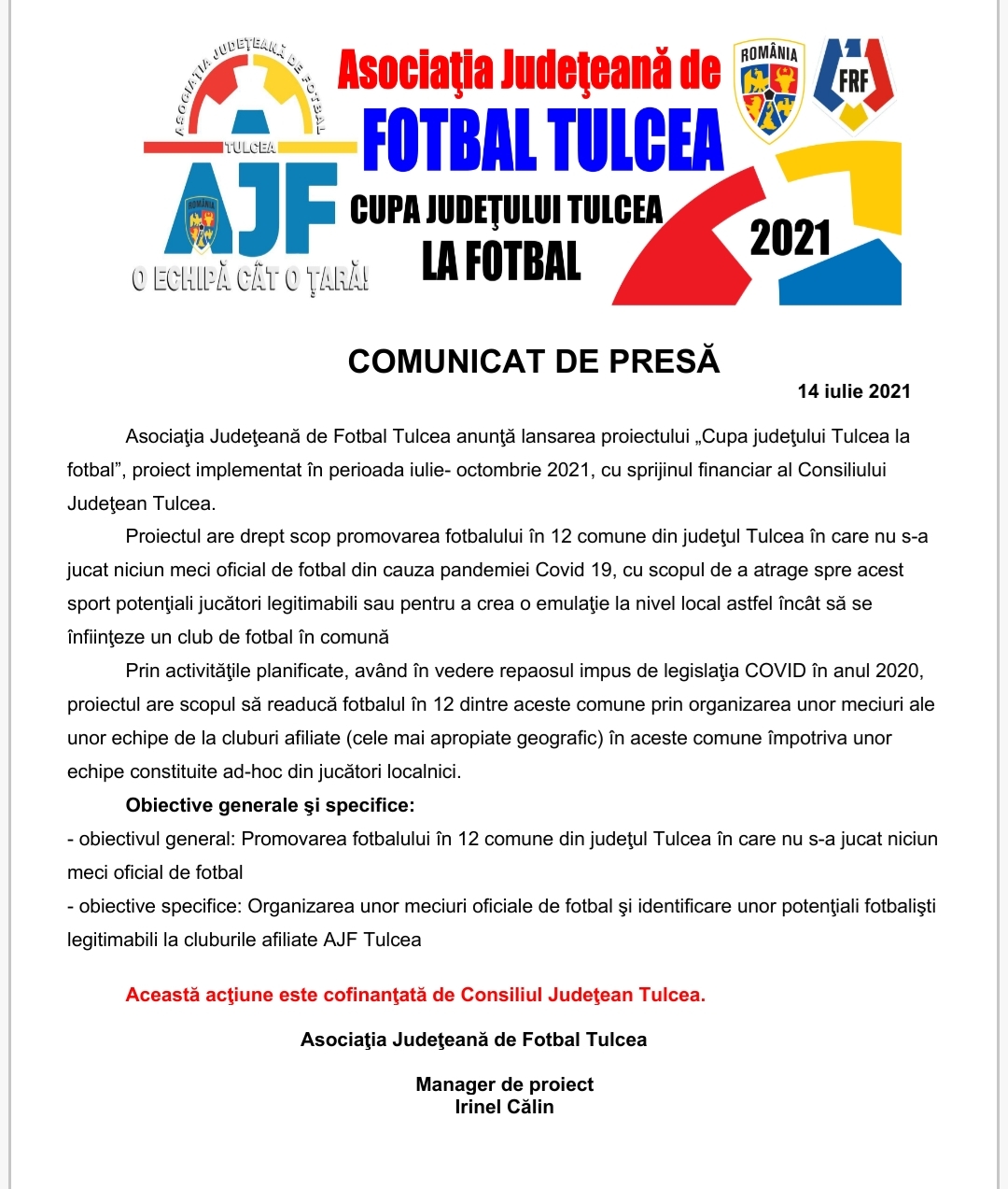 Comunicat de presă Asociația județeană de fotbal Tulcea