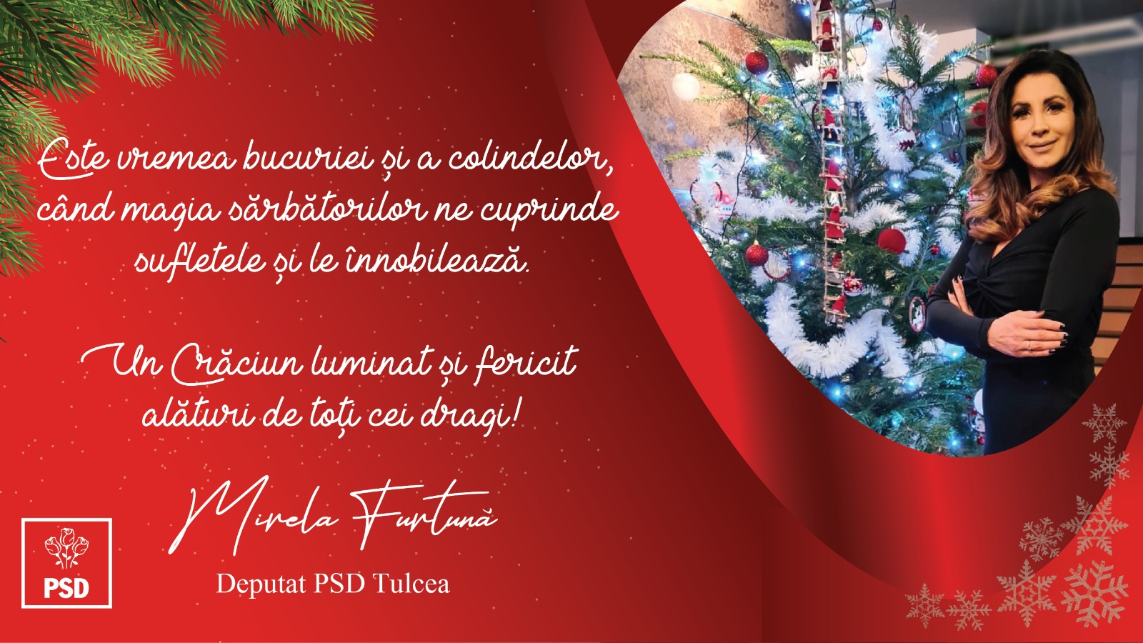 Un Crăciun fericit alături de cei dragi, vă urează Mirela Furtună, deputat PSD Tulcea