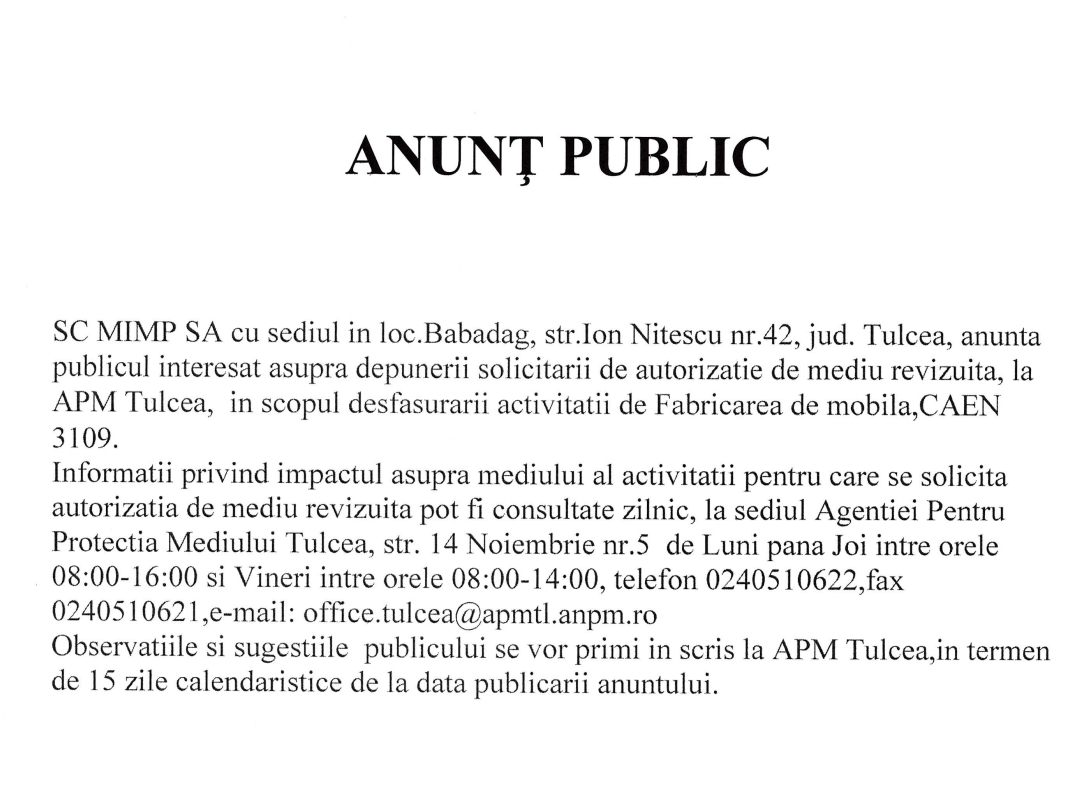 Anunț public SC MIMP SA