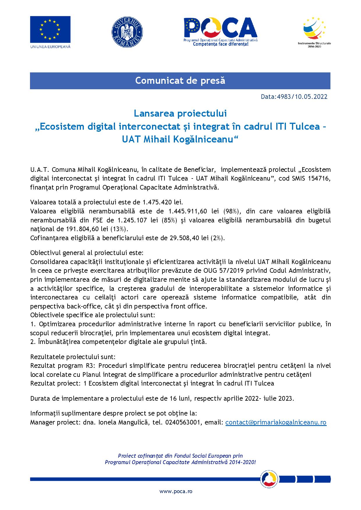 Lansarea proiectului „Ecosistem digital interconectat și integrat în cadrul ITI Tulcea – UAT Mihail Kogălniceanu“