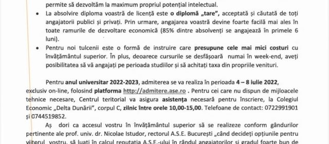 A.S.E. București învățământ superior la Tulcea și în anul universitar 2022-2023