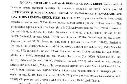 Anunț public privind depunerea solicitării de emitere a acordului de mediu