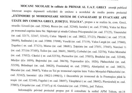 Anunț public privind depunerea solicitării de emitere a acordului de mediu