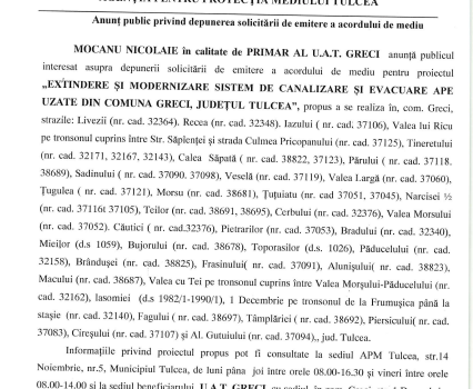 Anunț public privind depunerea solicitării de emitere a acordului de mediu