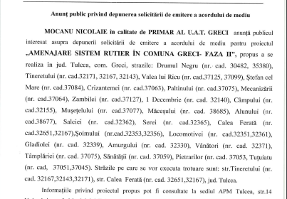 Anunț public privind depunerea solicitării de emitere a acordului de mediu