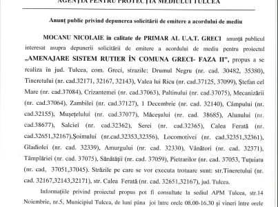 Anunț public privind depunerea solicitării de emitere a acordului de mediu