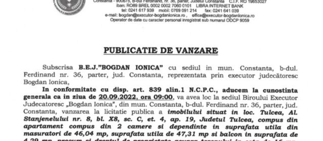 Publicație de vânzare BEJ Bogdan Ionică – imobil situat în Tulcea
