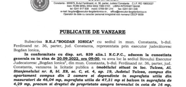 Publicație de vânzare BEJ Bogdan Ionică – imobil situat în Tulcea