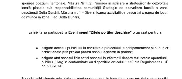 Anunț public: Zilele porților deschise pentru asigurarea accesului publicului la rezultatele proiectului