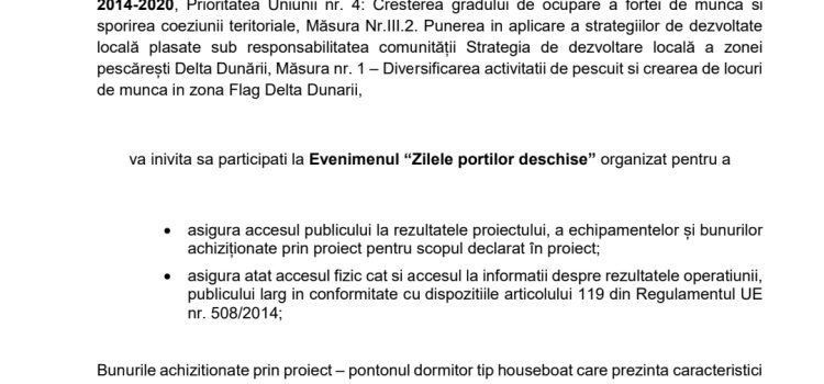 Anunț public: Zilele porților deschise pentru asigurarea accesului publicului la rezultatele proiectului