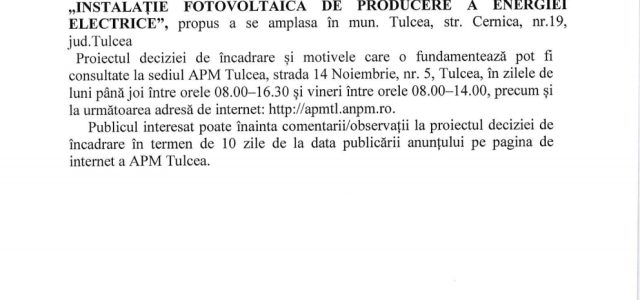 Anunț public privind decizia Etapei de încadrare