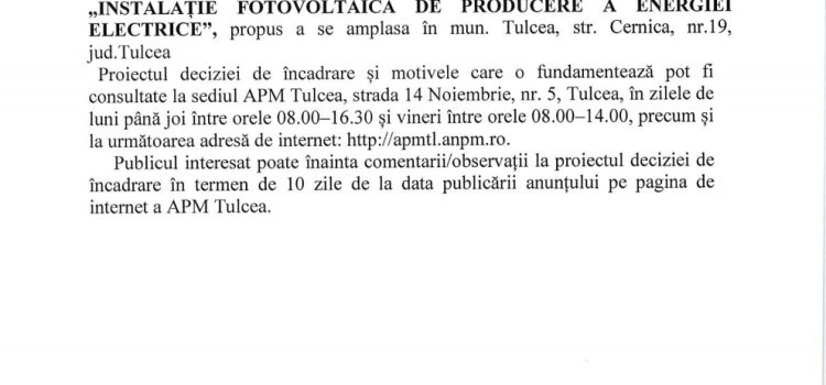 Anunț public privind decizia Etapei de încadrare