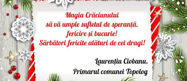 Primarul comunei Topolog, Laurențiu Ciobanu, vă urează sărbători fericite!