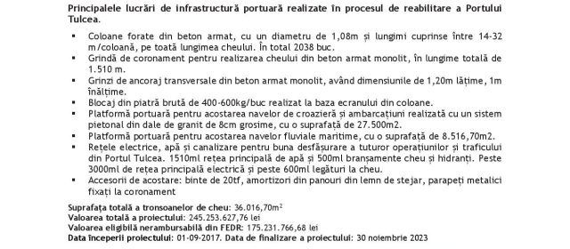 Comunicat de presă : MODERNIZAREA PORTULUI TULCEA – DE LA MM 38+1530 – LA MM 38+800,RECEPȚIE