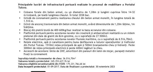 Comunicat de presă : MODERNIZAREA PORTULUI TULCEA – DE LA MM 38+1530 – LA MM 38+800,RECEPȚIE