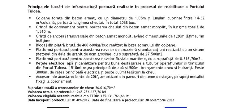 Comunicat de presă : MODERNIZAREA PORTULUI TULCEA – DE LA MM 38+1530 – LA MM 38+800,RECEPȚIE