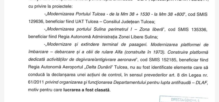 DLAF confirma legalitatea investițiilor realizate de Consiliul Județean Tulcea prin ADI ITI Delta Dunării