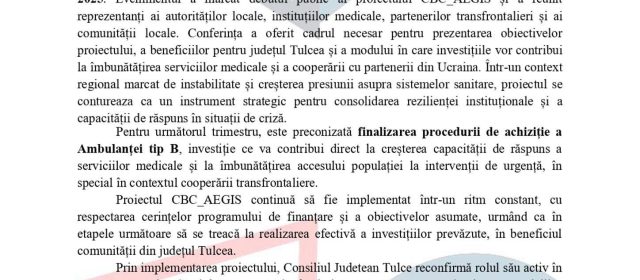 COMUNICAT DE PRESĂ: „CBC_AEGIS – Construcția, dotări și facilități medicale moderne pentru  îmbunătățirea cooperării între comunități”