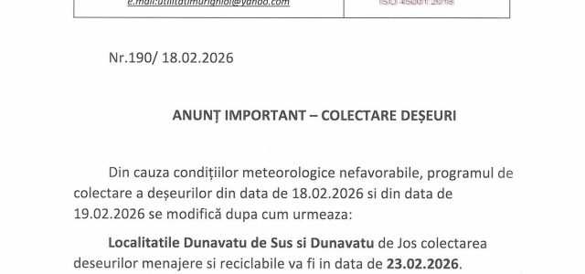 S.C. UTILITĂȚI ȘI SERVICII PUBLICE MURIGHIOL S.R.L.- ANUNȚ IMPORTANT – COLECTARE DEȘEURI