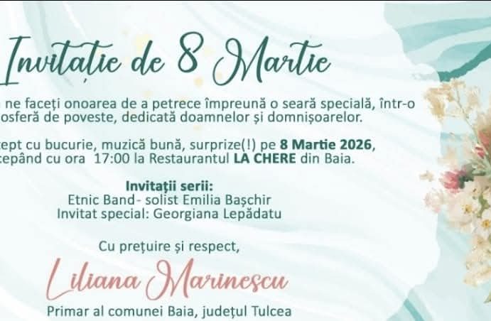 Primarul comunei Baia,Liliana Marinescu, anunță organizarea evenimentului dedicat Zilei Internaționale a Femeii