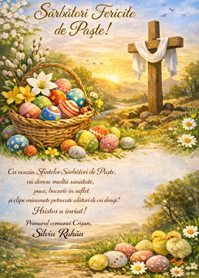 „Paște fericit” vă urează Silviu Rahău, primarul comunei Crișan