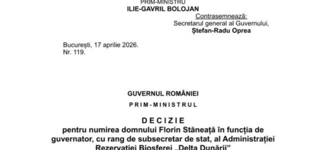 Schimbarea la vârful Administrația Rezervației Biosferei Delta Dunării a fost oficializată.