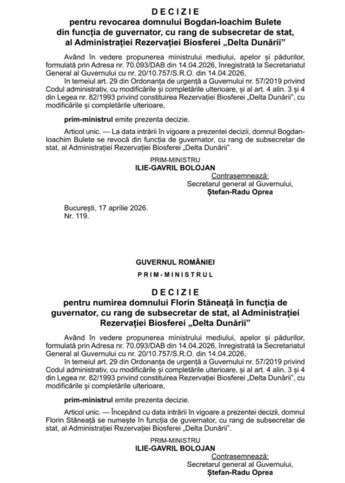 Schimbarea la vârful Administrația Rezervației Biosferei Delta Dunării a fost oficializată.