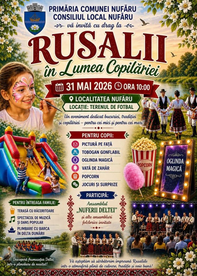 Primăria Comunei Nufăru și Consiliul local Nufaru vă invită cu drag la Rusalii în lumea Copilăriei!